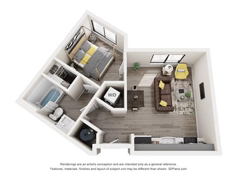 Floor plan for 1 bed, 1 bath, 542 sqft